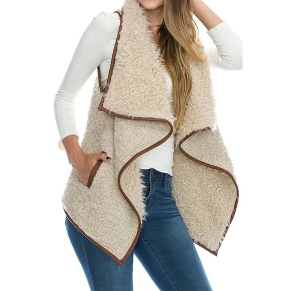 Love Tree Wool Blend Shark Bite Hem Boho Fuzzy Vest. Faux Fur and Leather Trim - Picture 3 of 10
